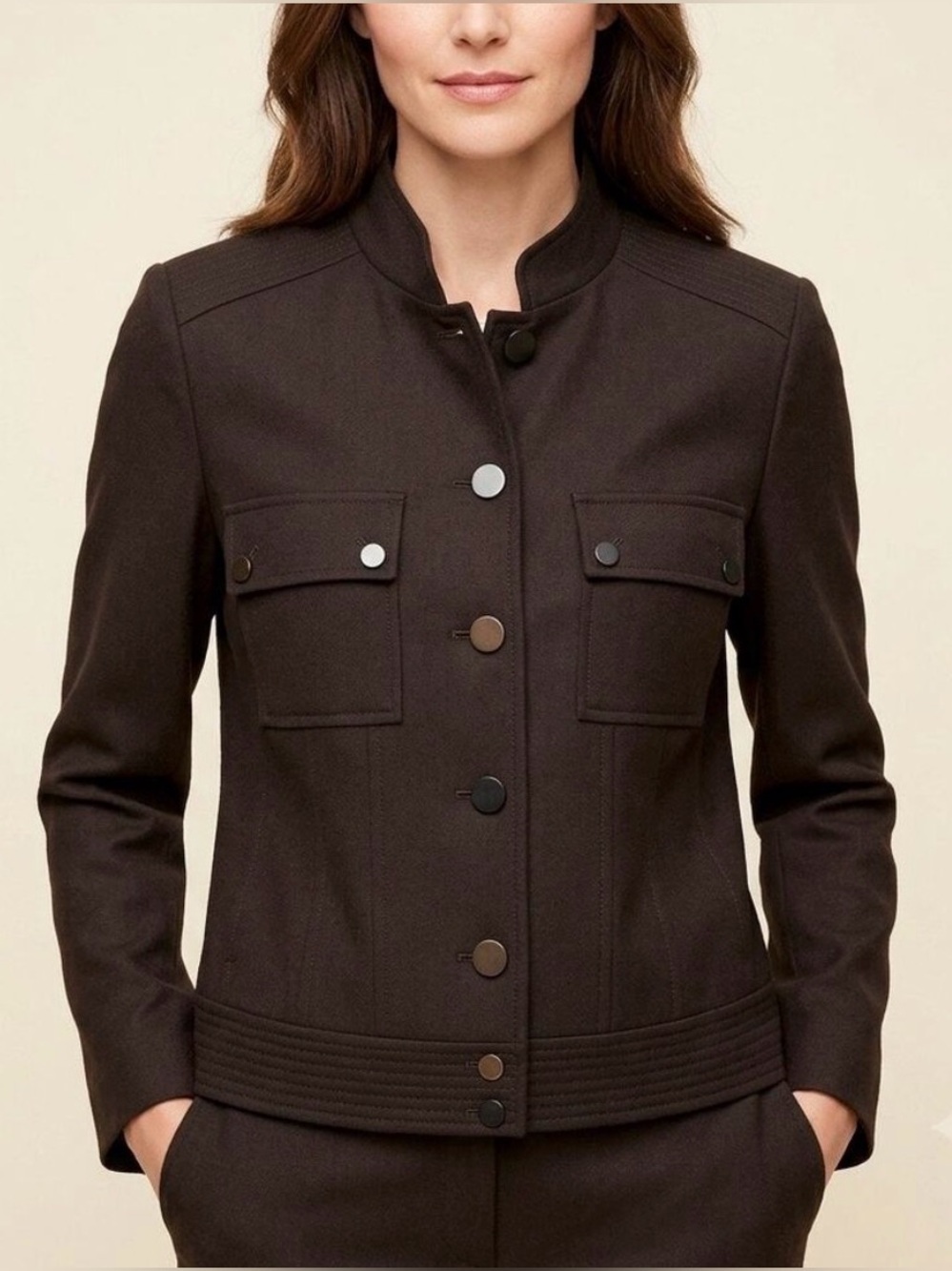 Talbots Italian Wool Stretch Mandarin Collar Button Front Jacket in Chocolate